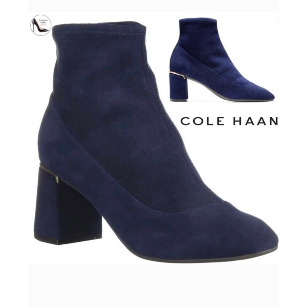 Cole Haan Laree Stretch Bootie Size 7 Navy Blue Suede Block Heel Logo Gold Trim